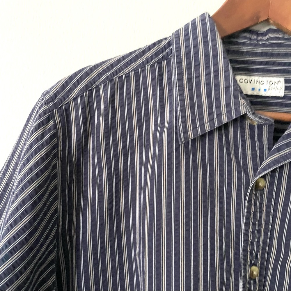 Seersucker Short Sleeve Navy Blue Striped Cotton Shirt by Covington, Men's L